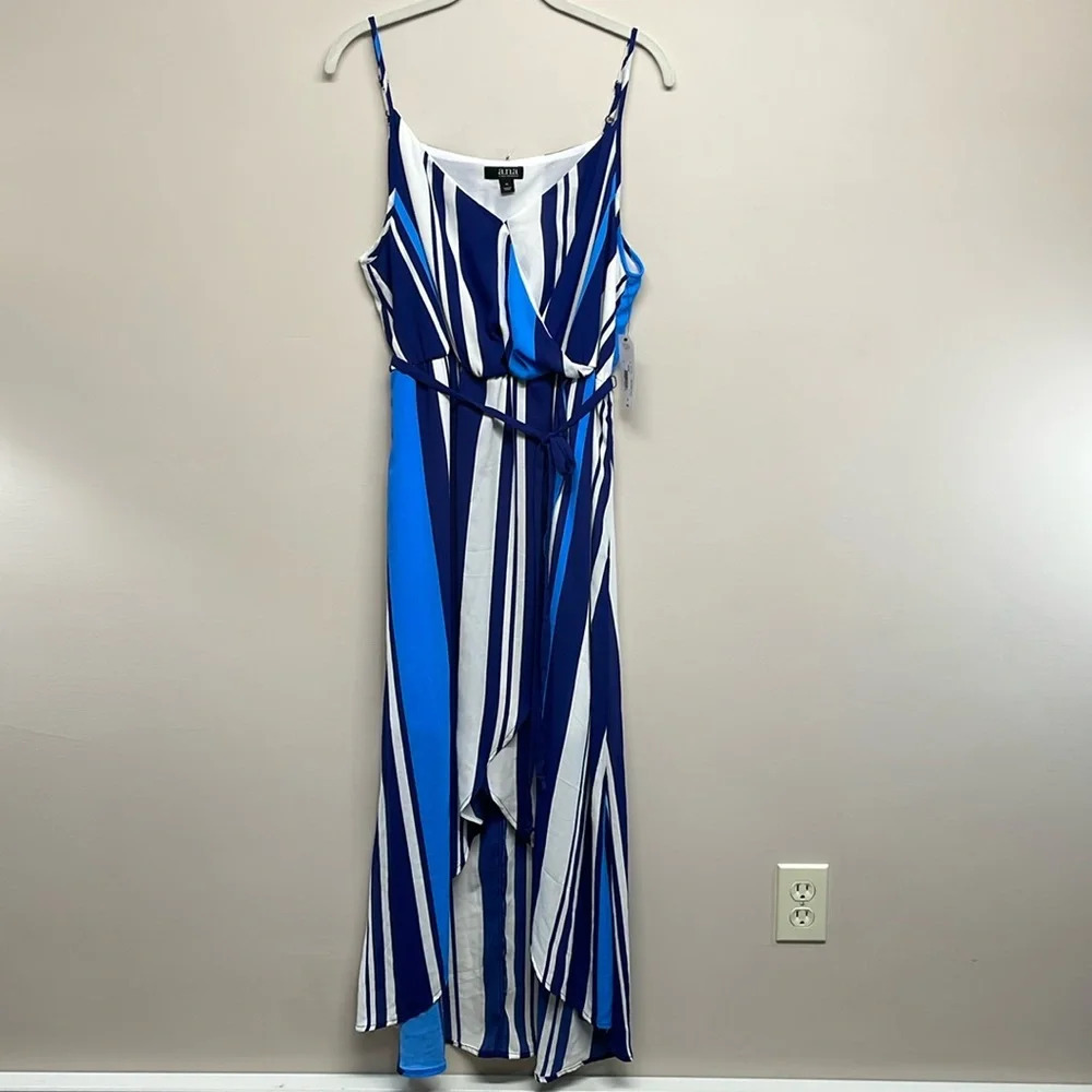 NWT a.n.a. Striped Blue White High Low V-neck Spaghetti Strap Dress 14
